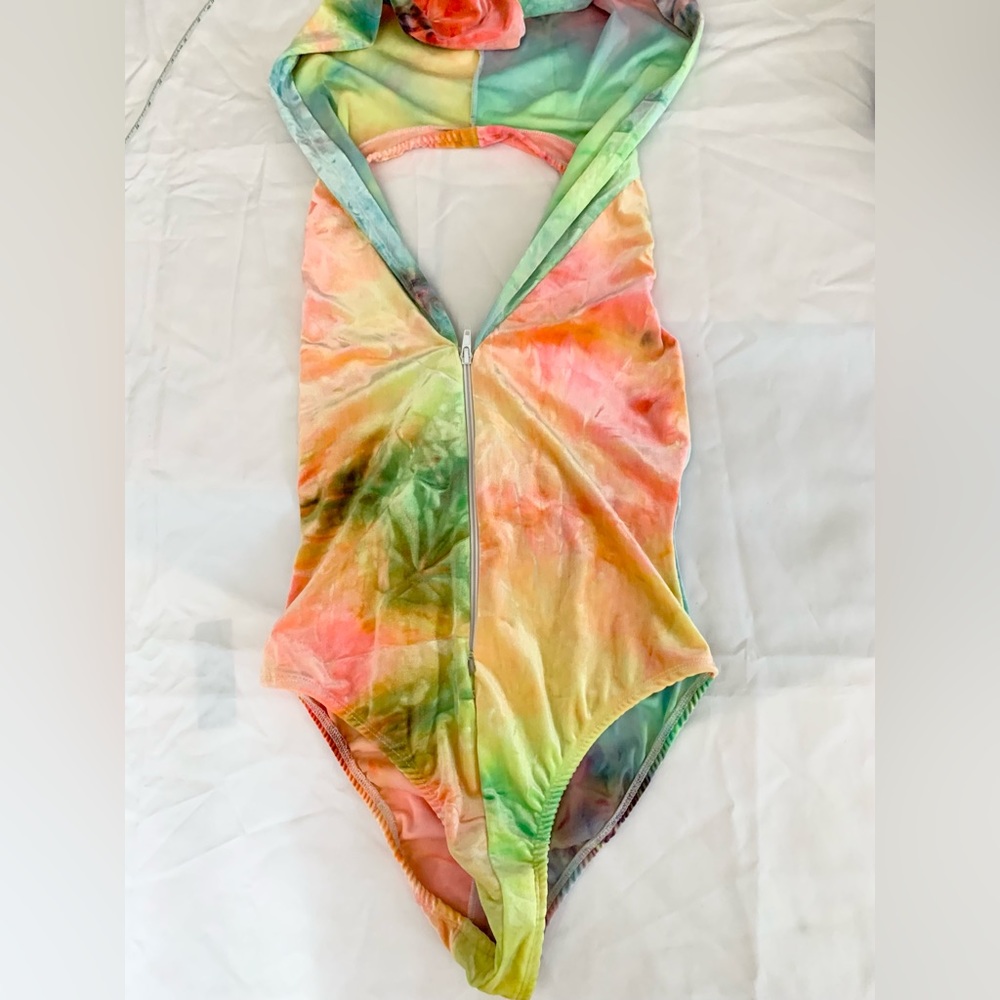 Festival club wear custom tie dye velvety spandex body suitoversized hood.